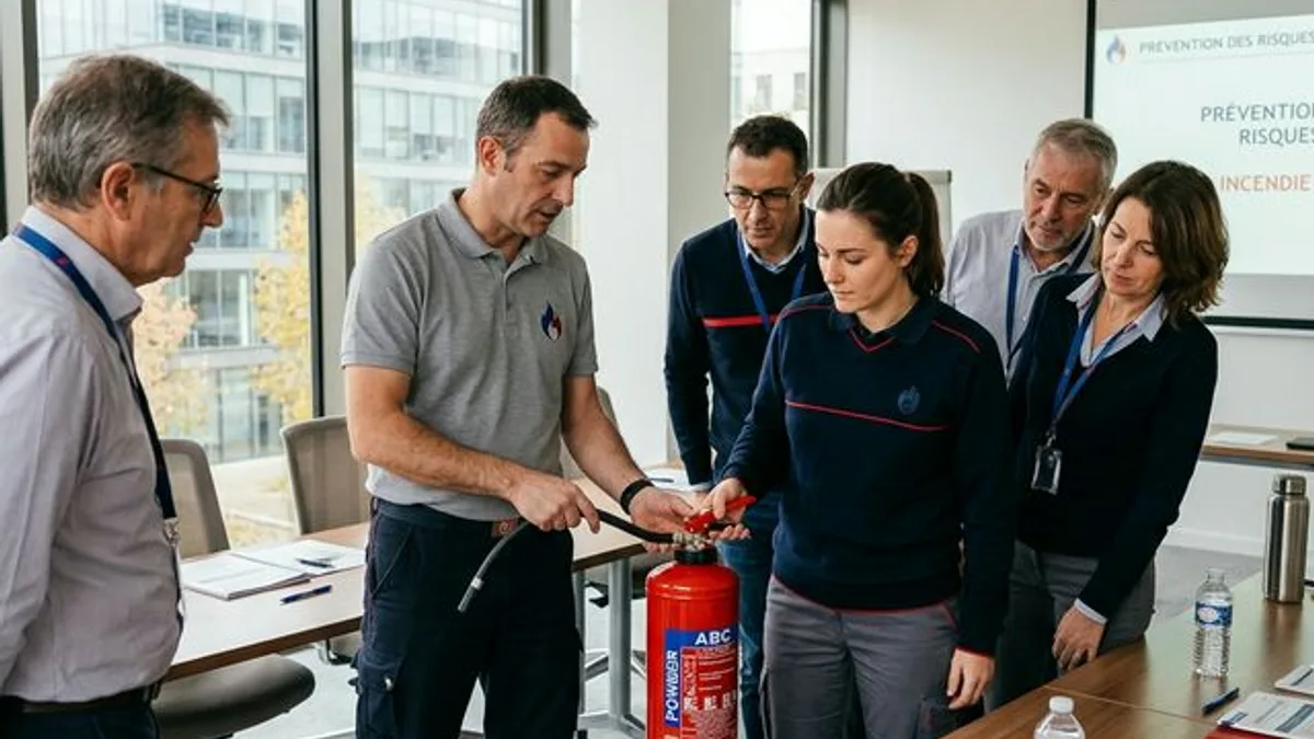 Exercice de formation SST en entreprise avec manipulation d'extincteur dans les Yvelines