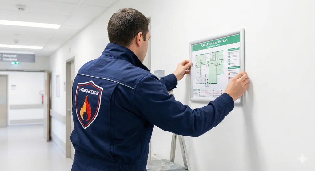 Technicien installant un plan d'évacuation conforme ISO et NF X 08-070