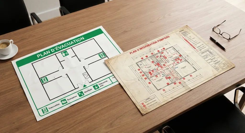Comparatif visuel : Plan d'évacuation (pour le public) vs Plan d'intervention (pour les pompiers)